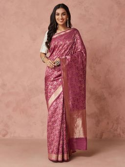 Fabindia - Pink Silk Blend Woven Saree without Blouse