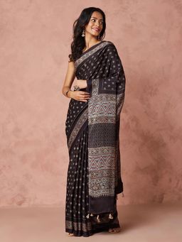 Fabindia - Black Viscose Blend Ajrakh Printed Saree without Blouse