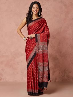 Fabindia - Maroon Viscose Blend Ajrakh Printed Saree without Blouse