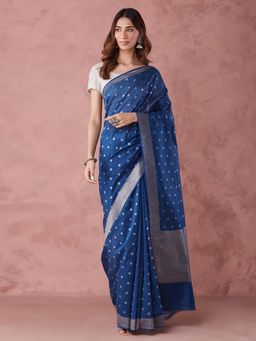 Fabindia - Navy Cotton Silk Blend Woven Saree without Blouse
