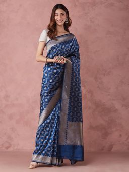 Fabindia - Blue Viscose Blend Woven Saree without Blouse