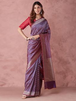 Fabindia - Purple Viscose Blend Woven Saree without Blouse
