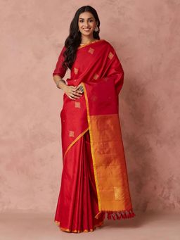 Fabindia - Red Silk Hand Woven Saree without Blouse
