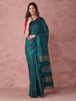 Fabindia - Teal Silk Blend Batik Woven Saree without Blouse