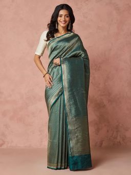 Fabindia - Green Silk Blend Banarsi Woven Saree without Blouse
