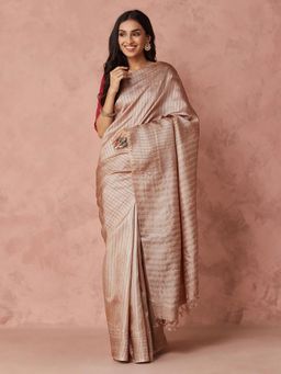 Fabindia - Brown Silk Blend Batik Woven Saree without Blouse
