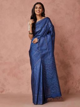 Fabindia - Navy Silk Blend Batik Woven Saree without Blouse