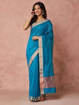 Fabindia - Turquoise Cotton Silk Blend Batik Woven Saree without Blouse