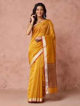 Fabindia - Yellow Cotton Silk Blend Batik Woven Saree without Blouse