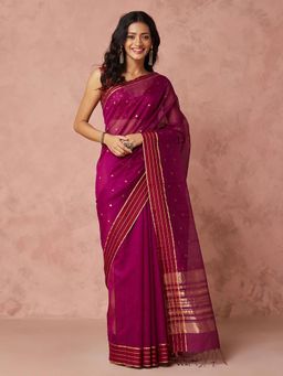 Fabindia - Magenta Cotton Silk Blend Batik Woven Saree without Blouse