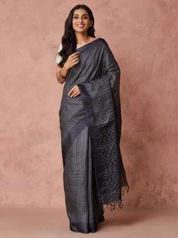 Fabindia - Black Silk Blend Woven Saree without Blouse