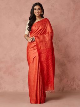 Fabindia - Orange Silk Blend Woven Saree without Blouse
