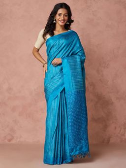 Fabindia - Turquoise Silk Blend Woven Saree without Blouse