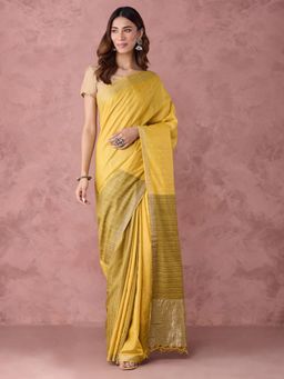 Fabindia - Yellow Silk Blend Woven Saree without Blouse
