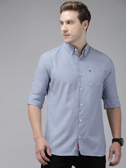 The Bear House - Men Blue Vertical Striped Slim Fit Cotton Casual Shirt