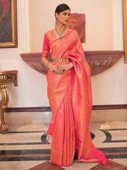 Akhilam - Womens Silk Blend Pink Woven Designer Saree with Unstitched Blouse