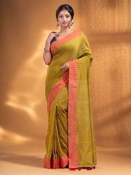 Arhi - Lime Green Cotton Handwoven Soft Saree with Zari Pallu
