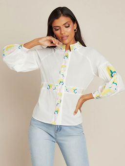Styli - White Embroidered Placket Poplin Cotton Blouse