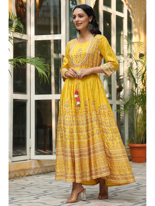 knee length dresses for ladies Mustard Yellow Dress with Print and Pocket L main image 0