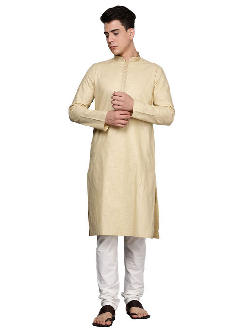 Manyavar Mens Blended Cotton Embroidered Yoke Design Kurta Churidar