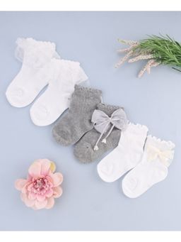KIDLINGSS - Bow & Frill Detailed Ankle Length Socks - Multi Color (Pack of 3)
