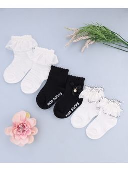 KIDLINGSS - Pearl Bow & Frill Detailed Ankle Length Socks - Multi Color (Pack of 3)
