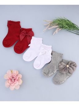KIDLINGSS - Bow Applique Detailed Ankle Length Socks - Multi Color (Pack of 3)