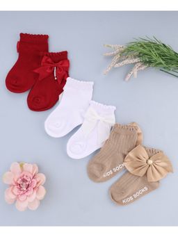 KIDLINGSS - Bow Applique Detailed Ankle Length Socks - Multi Color (Pack of 3)