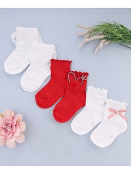 KIDLINGSS - Beaded Crown Bow & Frill Applique Ankle Length Socks - Multi Color (Pack of 3)