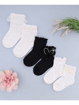 KIDLINGSS - Beaded Crown Bow & Frill Applique Ankle Length Socks - Multi Color (Pack of 3)