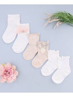 KIDLINGSS - Beaded Crown Bow & Frill Applique Ankle Length Socks - Multi Color (Pack of 3)