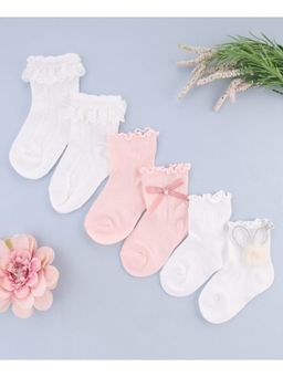 KIDLINGSS - Beaded Crown Bow & Frill Applique Ankle Length Socks - Multi Color (Pack of 3)