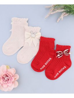 KIDLINGSS - Beaded Bunny & Bow Applique Ankle Length Socks - Multi Color (Pack of 2)