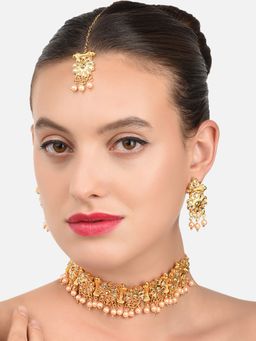 Zaveri Pearls - White Kundan Flowers & Pearls Choker Necklace, Earring & Maangtikka (Set of 3)