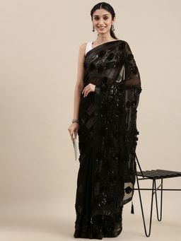 Vastranand - Black Ethnic Motifs Sequinned Saree with Unstitched Blouse