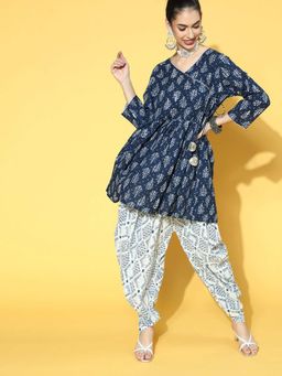 Stylum - Womens Indigo Printed Cotton Kurti Dhoti Pant Set (set Of 2)