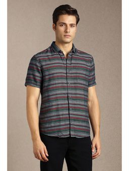 Louis Philippe - Men Grey Stripe Half Sleeves Casual Shirt