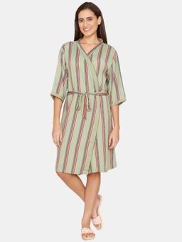 Zivame - Coucou Above Knee Robe with tie on - Herbal Garden Stripe - Green