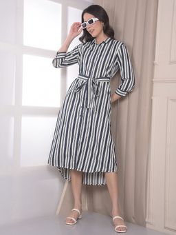 CRIMSOUNE CLUB - Women's Blue Vertical Striped 100% Cotton Shirt Dress