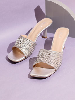 Inc.5 - Womens Silver Party Wear Embellished Square Toe Kitten Sandal Heels