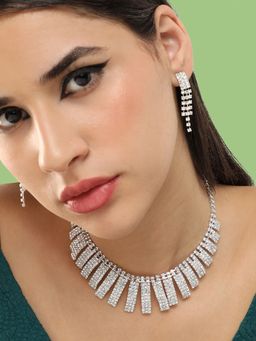 Sohi - Silver Plated White Stone Necklace and Earrings Set