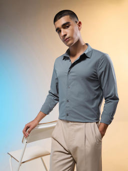 Technosport - Men Grey Solid Slim Fit Spread Full Sleeves Casual Shirt