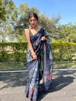 Odette - Blue Organza Silk Saree with Unstitched Blouse