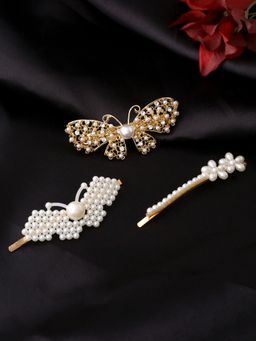 Yellow Chimes - Women Gold-Toned and Cream-Coloured Embellished Bobby Pins - Set of 5