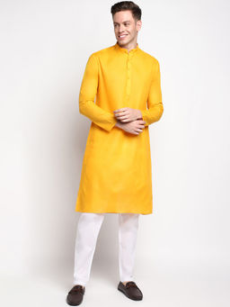 Devoiler - Men Plain Golden Yellow Cotton Kurta