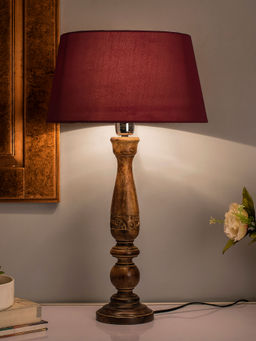 Homesake - Carved Black Wood Table Lamp Red Shade