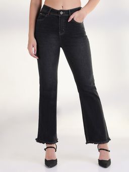 SHOWOFFFF - Women Solid Charcoal Frayed Hem Straight Fit Jeans