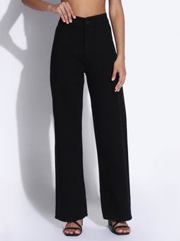 SHOWOFF - Edition Women Solid Black Frayed Hem Wide Leg Jeans