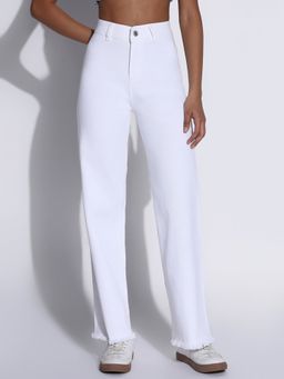 SHOWOFF - Edition Women Solid White Frayed Hem Wide Leg Jeans