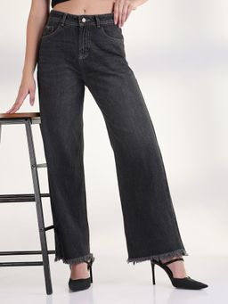 SHOWOFF - Edition Women Solid Charcoal Frayed Hem Straight Fit Jeans
